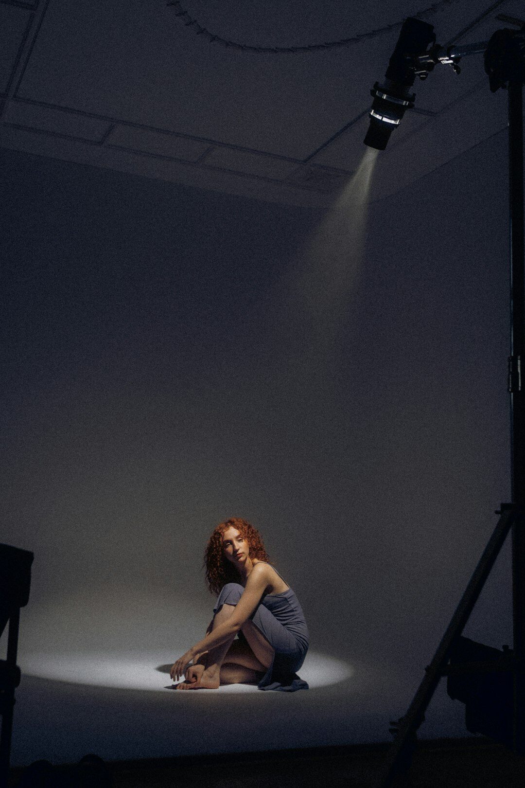 Vertical still life of a studio lighting setup and tripod